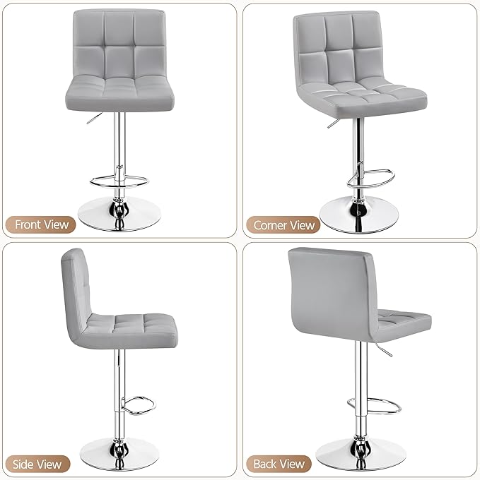 Yaheetech Bar Stools Set of 3, Adjustable PU Leather Swivel Barstools, Modern Counter Stools with Back and Footrest, Counter Height Barstools for Bar, Kitchen, Dining Room, Light Grey