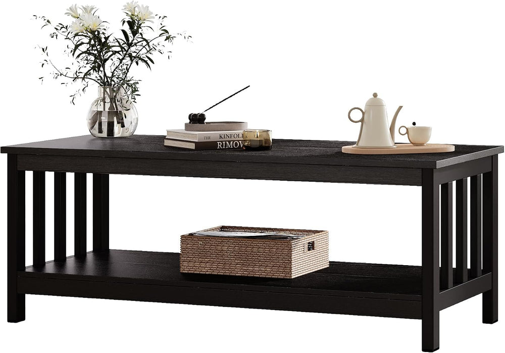 ChooChoo Mission Coffee Table, Black Wood Living Room Table with Shelf, 47 inch