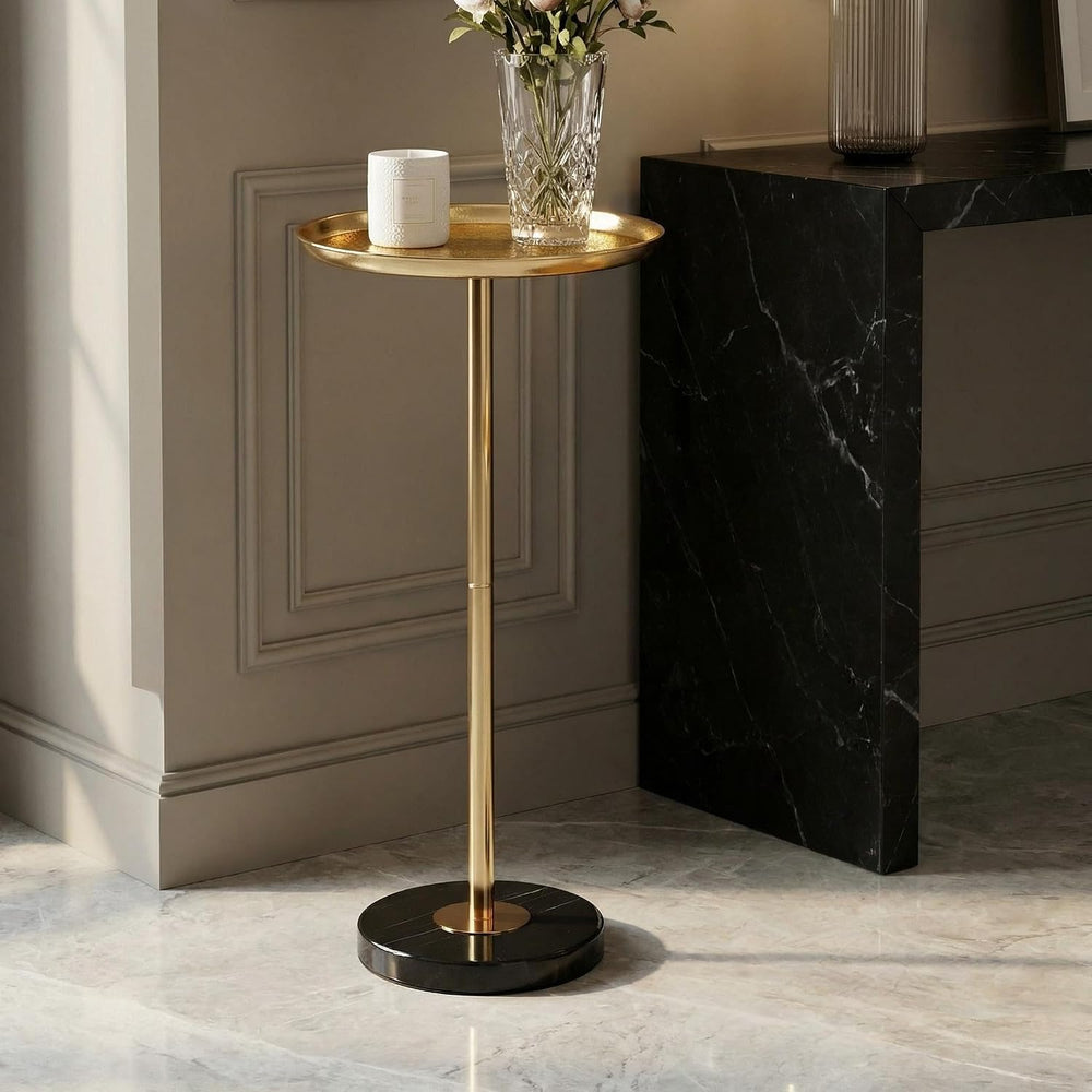 Adjustable Martini Side Table – Small Round Drink Table with Natural Marble B...