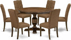 East West Furniture F3EL7-718 7 Piece Kitchen Table Set Consist of a Round Dining Table with Pedestal and 6 Brown Linen Linen Fabric Parsons Dining Chairs, 48x48 Inch, Distressed Jacobean
