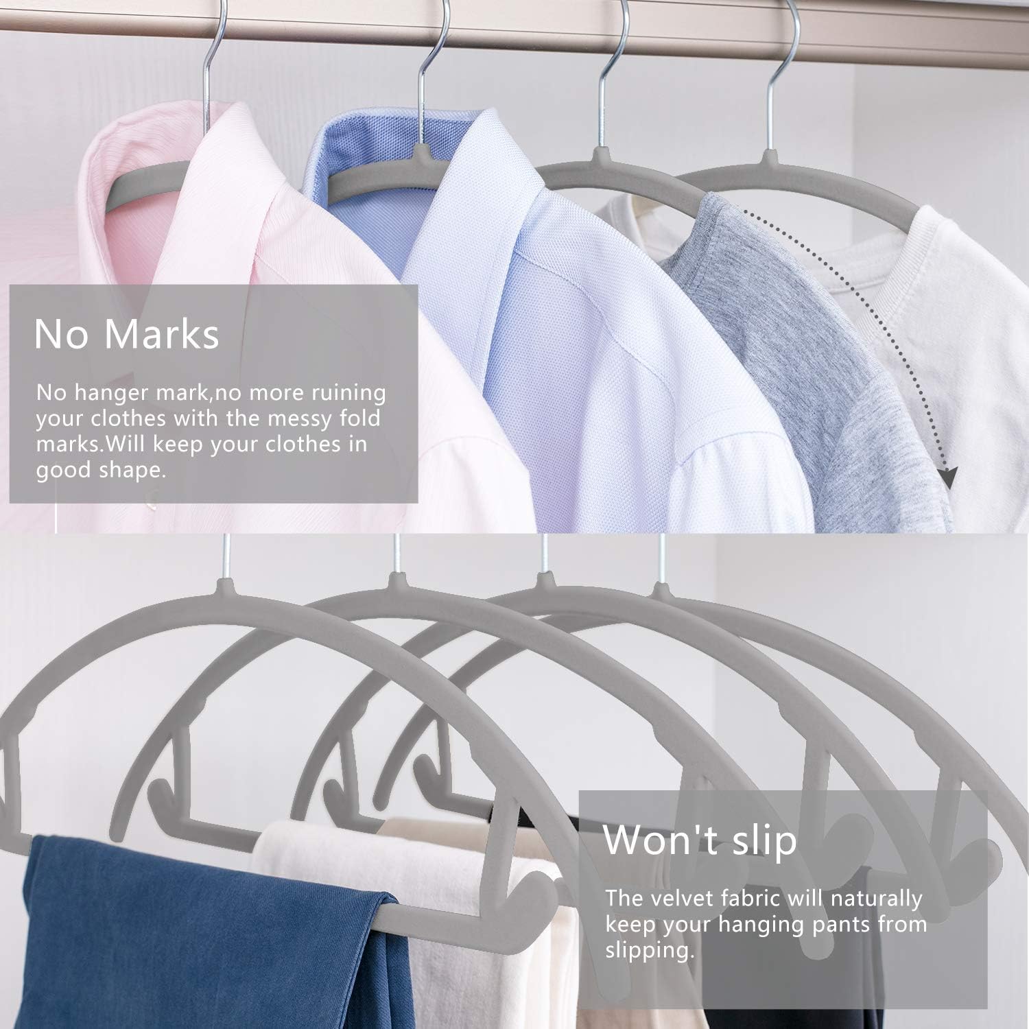 MIZGI Premium Velvet Hangers 30 Pack Heavyduty- Non Slip No Shoulder Bump Suit Hanger - Chrome Hooks,Space Saving Clothes Rounded Shape for Coat,Sweater,Jackets,Pants