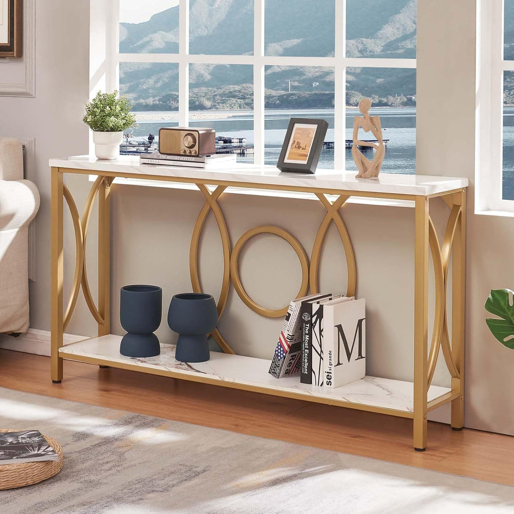 HOMISSUE Sofa Console Table, Modern Gold Console Table with Faux Marbled Tabl...