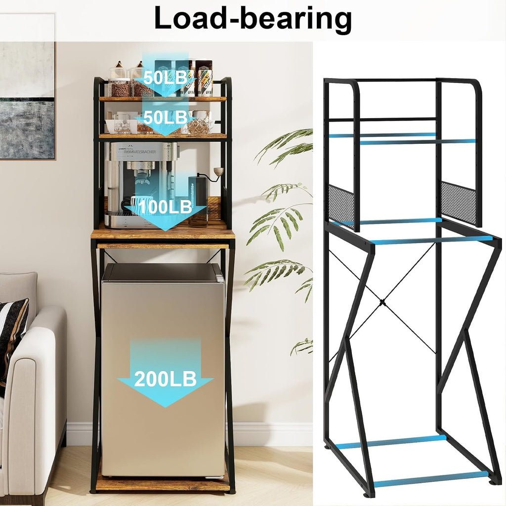 PUNCIA 4-Tier Mini Fridge Stand with Outlet, Coffee Bar Organizer, Retro | Coffee Station with Fridge Space, Tall Refrigerator Cabinet & Microwave Shelf Bakers Rack for Kitchen Dorm Pantry Apartment
