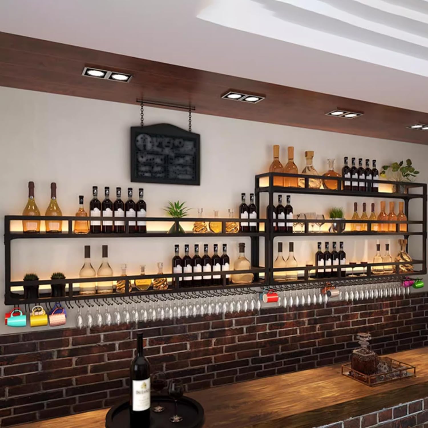 70.8in Wall Mounted Wine Rack, Wine Rack Wall Mounted with Wine Glass Rack, Metal Bar Bottle Display Shelf Wine Cups Hanging Holder, for Home Bar Cafe Decoration (Black, 70.8 * 10 * 35.5IN)
