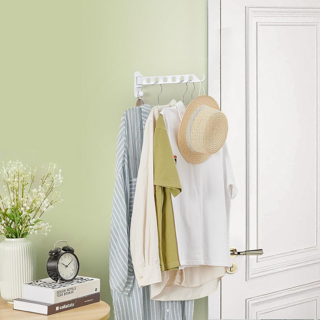 JOOM Wall Mounted Drying Rack, Foldable Clothes Hanger Rack for Laundry Room, Space Saving Wall Mount Clothes Rack, Aluminum Coat Hanger Holder for Closet, Bathroom, White