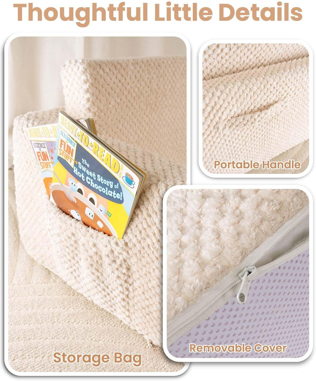 Sherpa Kids Couch, 2-in-1 Fold-Out Comfy Chair for 3+ Years Old, Beige | Potrable Handle & Pocket for Reading, Napping and Playroom