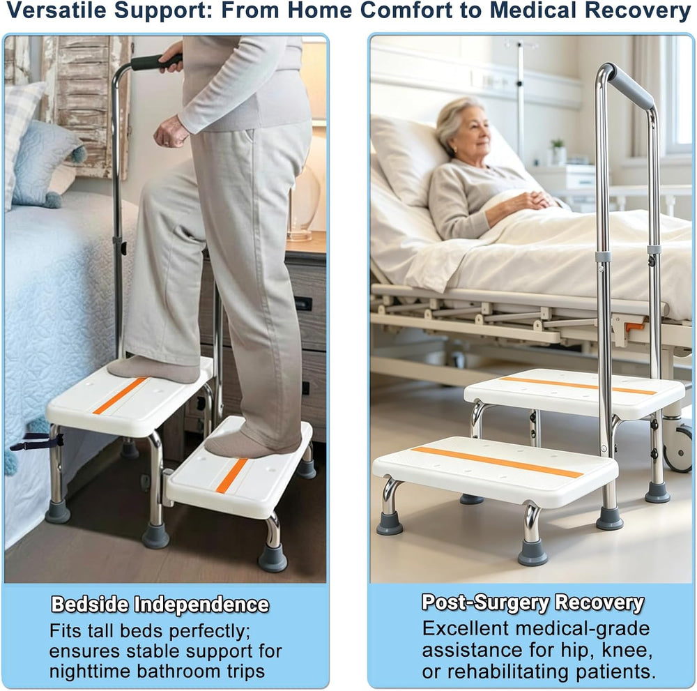 2 Step Stool with Handle for Elderly, Bed Steps for High Beds