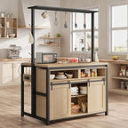 Wooden Island Table for Kitchen with Sliding Barn Door, Heavy Duty Large Coffee Bar Table with 4 Hook, Multi-Functional Bakers Rack, Storage Shelf for Kitchen Dining Room Living Room