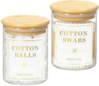 Luxspire 2 Pack Glass Qtip Holder Dispenser, 13.4 oz Cotton Swab Holder with Bamboo Lids, Glass Apothecary Jars Bathroom Accessories Canisters for Cotton Swabs, Balls, Pads, Floss Picks