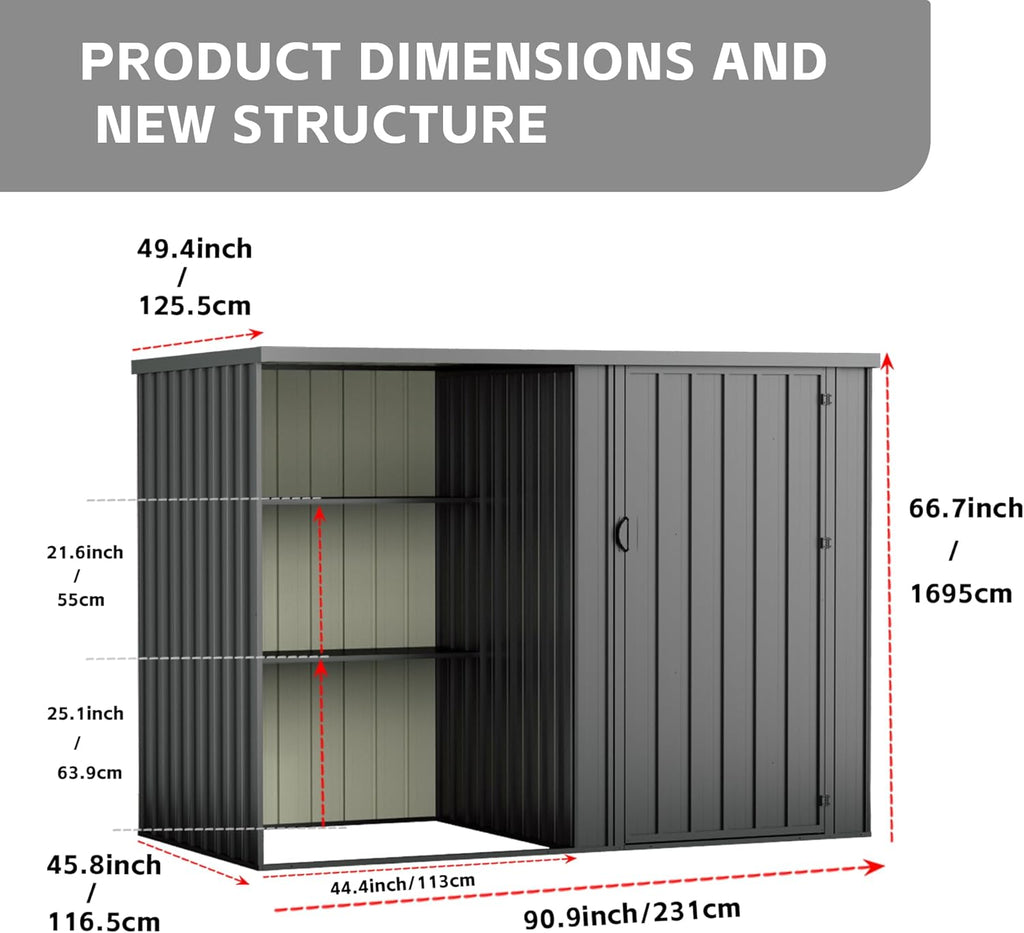 2 in 1 Metal Outdoor Storage Shed with Firewood Rack, 8×4 FT Lockable Waterproof Garden Tool Shed with Shelves, Open & Enclosed Dual-Storage Backyard Patio Shed with Sloped Roof (No Floor)