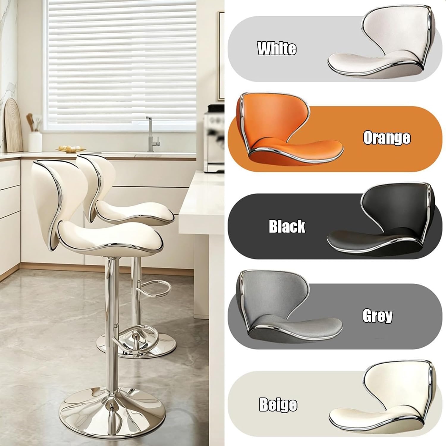Reception Chair, Metal Bar Stools, Home Office Desk Chair, Commercial Stainless Steel Stool, 360° Free Rotation, with Padded Cushion and Back(White)