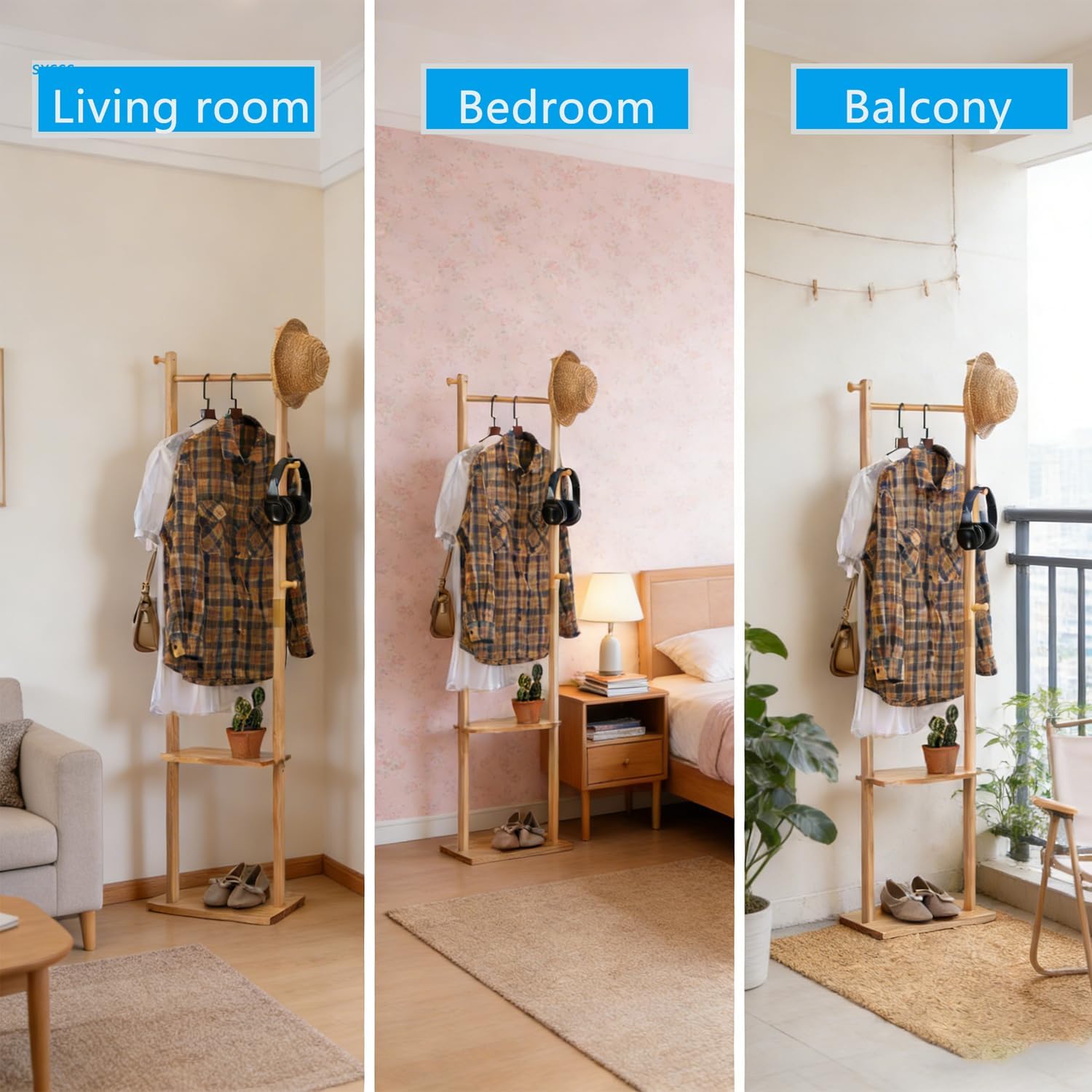 latifolia Clothes rack, Solid Wood Clothing Rack Witch Hooks and Shelves, 15.75 inch Garment rack With Storaege for Living Room, Nature