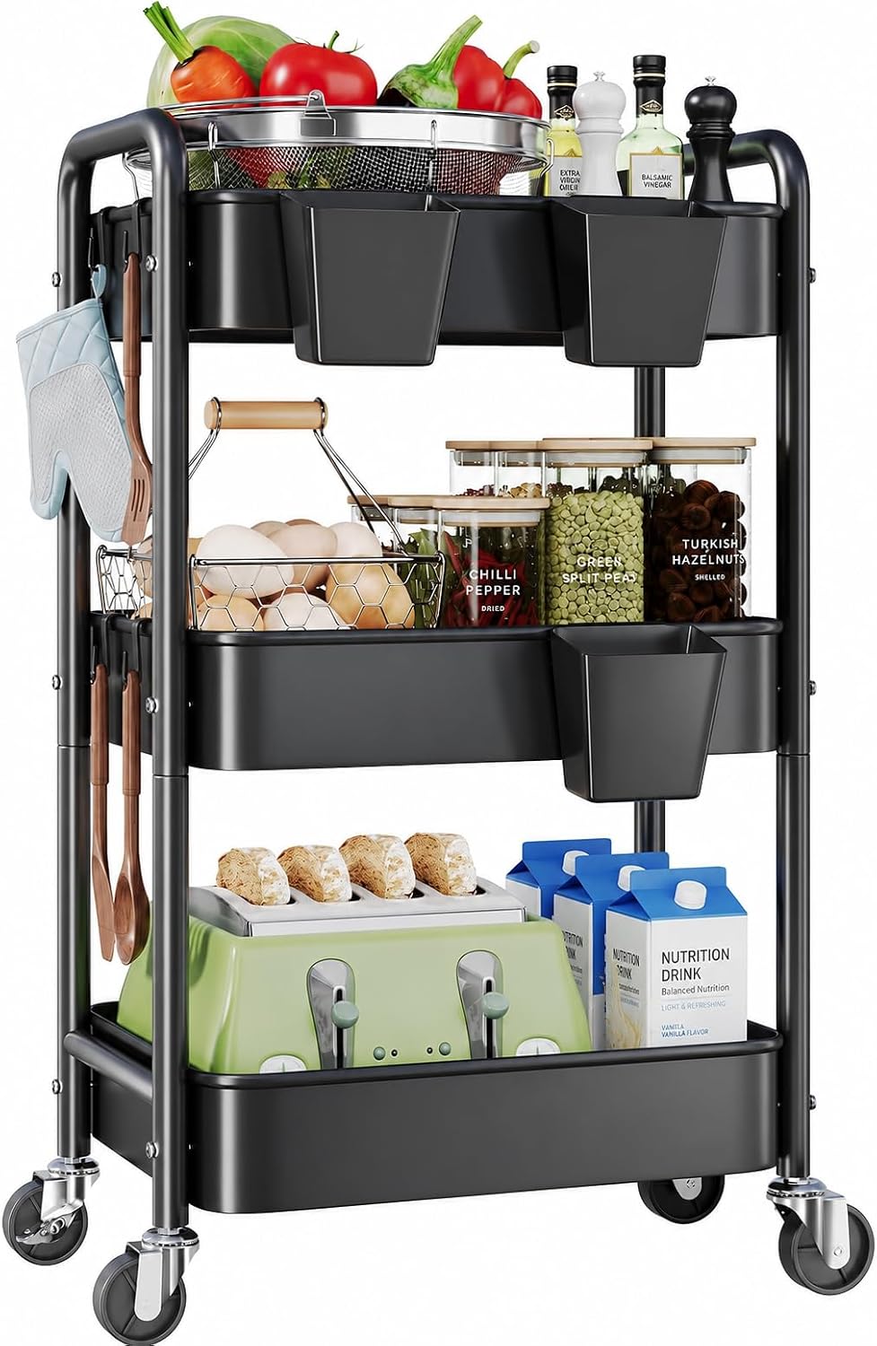 3 Tier Heavy Duty Metal Rolling Storage Cart Organizer with Wheels, Black | T...