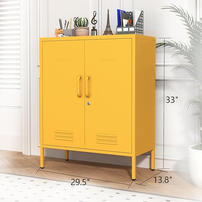Wide Multipurpose Metal Storage Cabinet with Lockable Design & 2 Adjustable Partitions, Thickened Steel & Sturdy Construction for Home, Living Room & Office Yellow 33" H X 29.5" W X 13.8" D