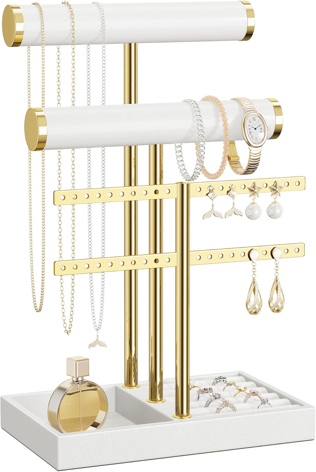 3 Tier Bracelet Holder Display - White Leather Bracelet Holder, Detachable T Bar Jewelry Holder Organizer for Bracelet, Necklace, Earrings, Rings, Watches, Bangle