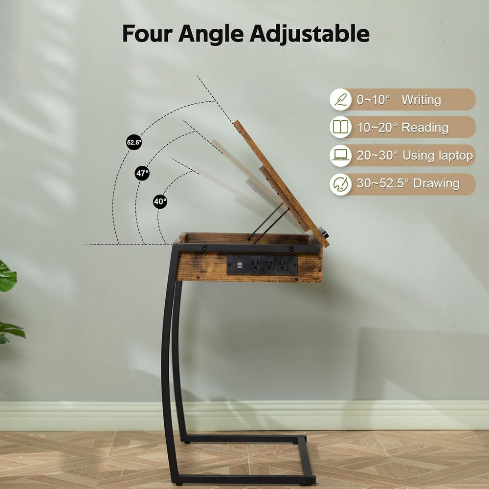 Hadulcet C Shaped End Table with Charging Station, Tiltable 0-52° | TV Tray T...