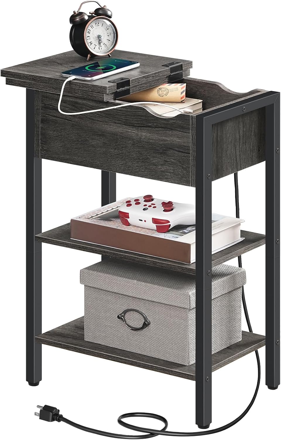 HOOBRO End Table with Charging Station, Narrow Side Table, Flip Top Nightstan...