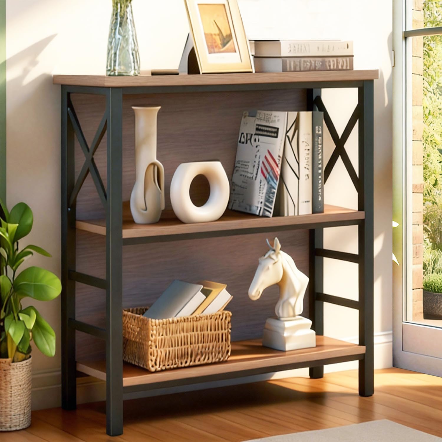 MNEETRUNG Book Shelf, Small 3-Tier Industrial Bookshelf with Strong Metal Frame & Backboard, 29.5" Short Bookcase for Small Spaces, Living Room, Bedroom and Home Office, Brown