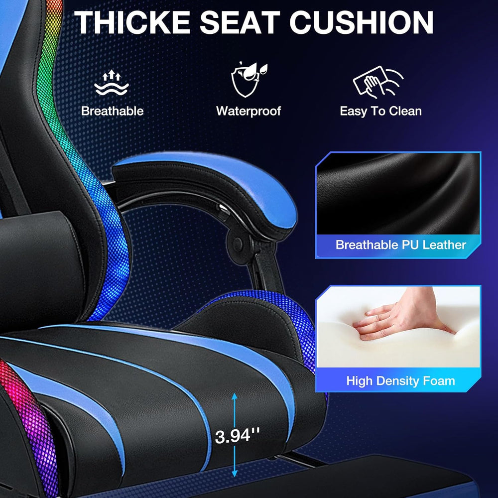 RGB Gaming Chair with Bluetooth Speakers and LED Lights Computer Chair-Blue |...