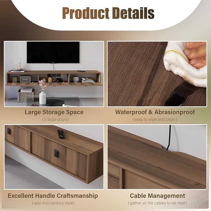 Solid Wood Floating TV Shelf, 71'' Wall Mounted TV Cabinet, Floating Shelves with 3 Doors, Wooden Mid-Century Entertainment Media Console Center Large Storage Under TV (Walnut)