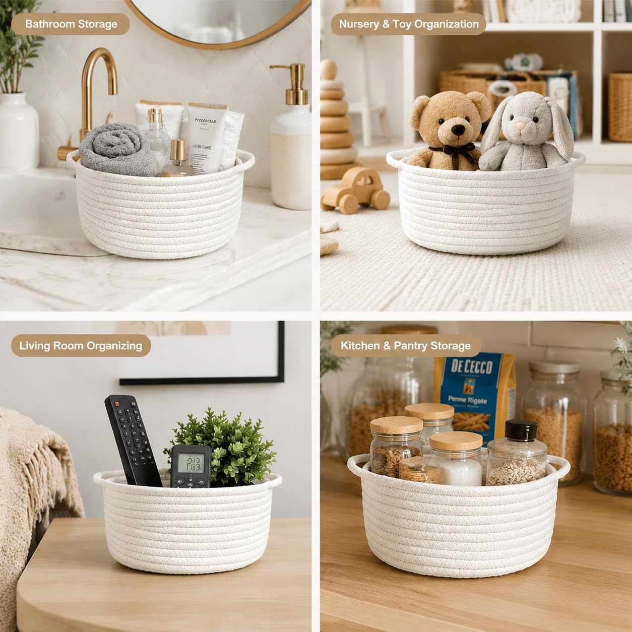 Small Woven Cotton Rope Baskets with Handles, Set of 3, White | Small Gift Baskets, Decorative Storage Baskets, Round Boho Design, Nursery and Bathroom Organizer, Multi-Room Storage