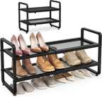 SAYZH Expandable Shoe Rack for Closet, Adjustable Metal Shoe Organizer with Sturdy Mesh Shelves for Boots & Heels, Stackable Shoe Storage for Entryway, Garage, Small Spaces (Black, 2-Tier)