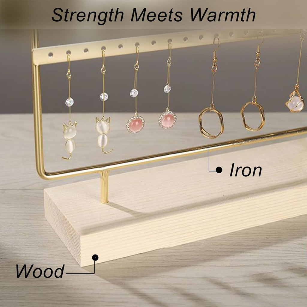 Earring Organizer Stand for Women, 4 Tier Tall Jewelry Holder Organizer Rack, Tabletop Display Rack Multiple Pierced Earrings, Wood and Iron Hanging Jewelry Organizer, Gold Jewelry Storage