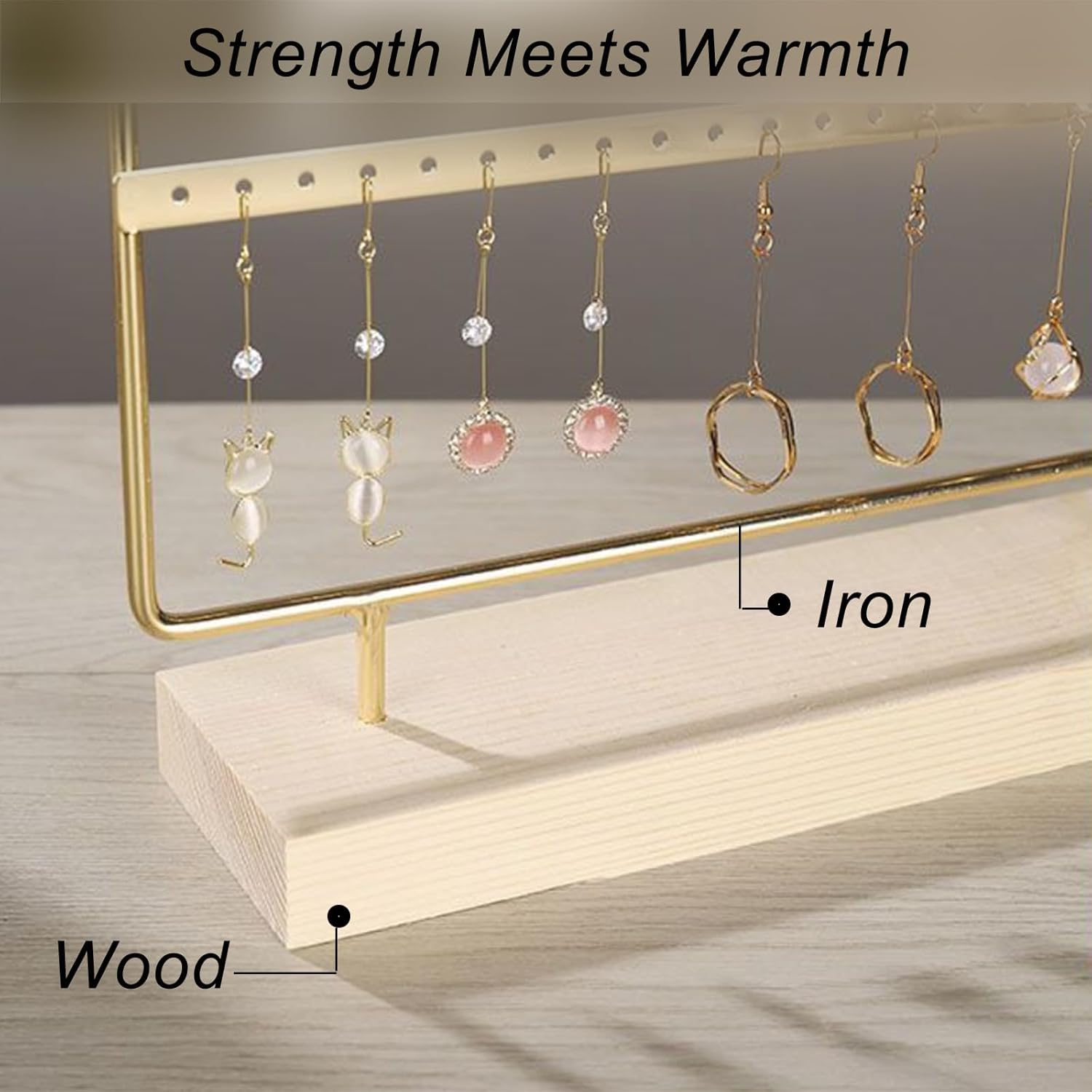 Earring Organizer Stand for Women, 4 Tier Tall Jewelry Holder Organizer Rack, Tabletop Display Rack Multiple Pierced Earrings, Wood and Iron Hanging Jewelry Organizer, Gold Jewelry Storage