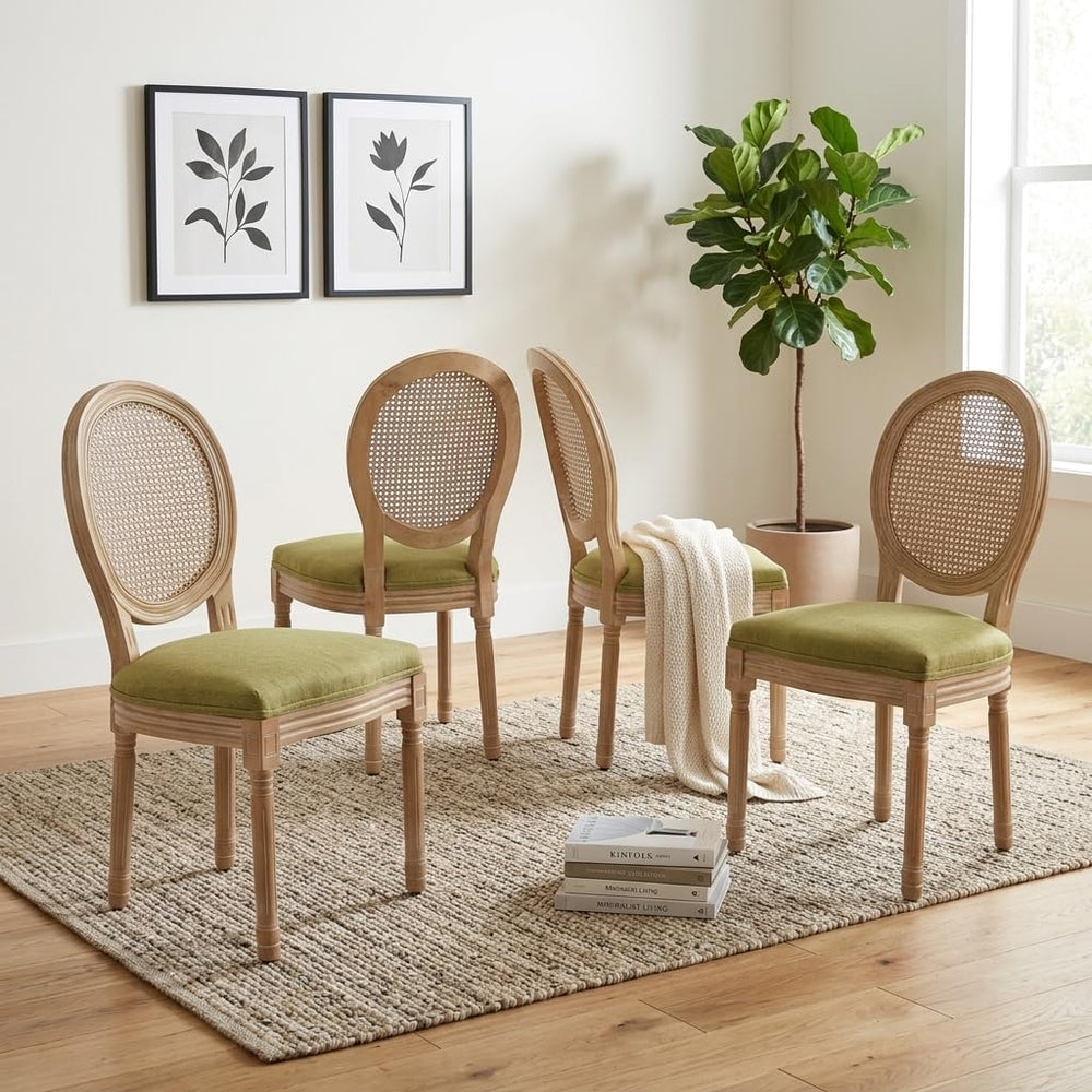 French Country Dining Chairs Set of 4, Olive Cane Back Rattan Dining Chairs w...