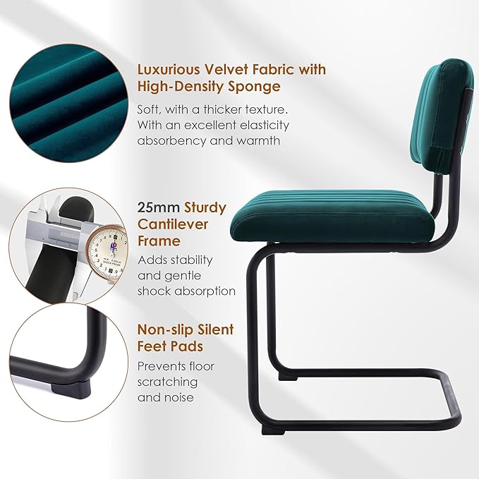 ONEVOG Modern Luxury Dining Room Chairs Set of 2, Teal Velvet Upholstered Kitchen Chairs, Heavy Duty Contemporary Armless Dining Chair with Comfy Seat & Black Metal Legs, Cantilevered Design