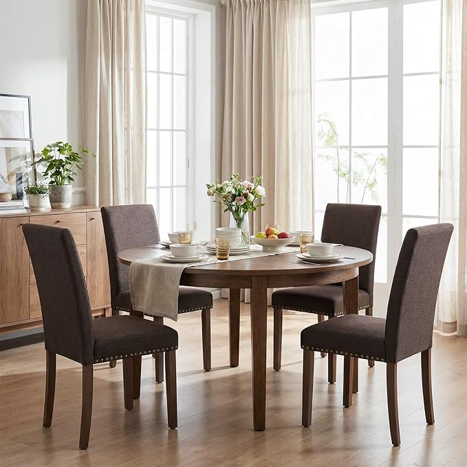 TLSUNNY Upholstered Dining Chairs Set of 2/4, Tufted Parsons Design with Nail Head Trim, Solid Wood Legs and Padded Seat, Comfortable Fabric for Dining Room, Kitchen (Brown, Set of 2)