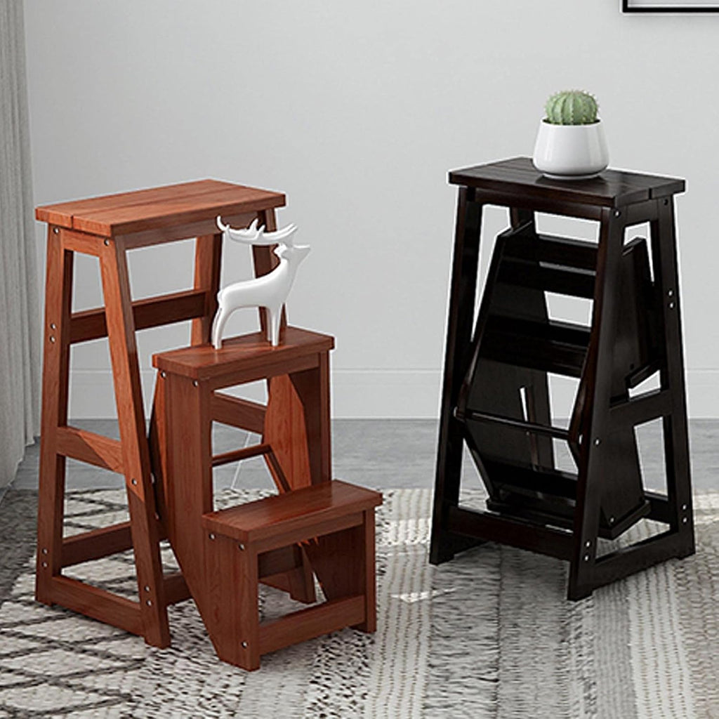 Step Ladder, Folding Stepladder Wood 3 Step Stool, for Adults Kitchen Wooden Ladders Small Foot Stools Ladder, Units 300 lb Capacity (Black)