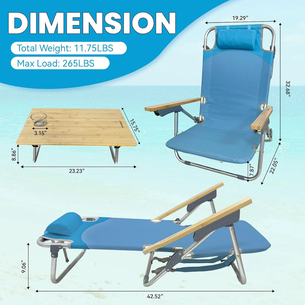 2 Pack Low Backpack Beach Chair with Folding Bamboo Table for Adults, 5-Posit...