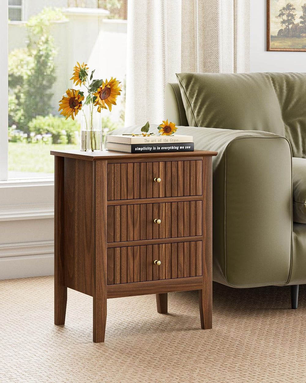 Night Stand, Fluted Nightstand Bedside Tall Farmhouse Nightstand with 3 Drawe...