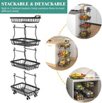Stackable Fruit Vegetable Basket 4 Tier Kitchen Storage Rolling Cart | metal frame, 9.4“ width for small ppace, easy assembly, veggie rack for potato onion produce apple banana, move smoothly