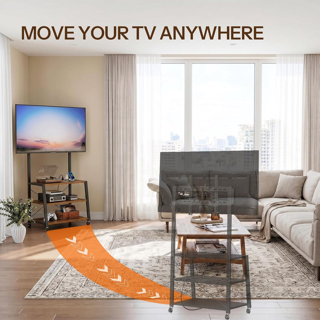 HOOBRO Rolling TV Stand with Mount and Power Outlet Up to 55 inch TV, Corner Entertainment Center, Small TV Stand with 3-Tier Storage Shelves for Living Room, Bedroom, Rustic Brown and Black BF66UDS01