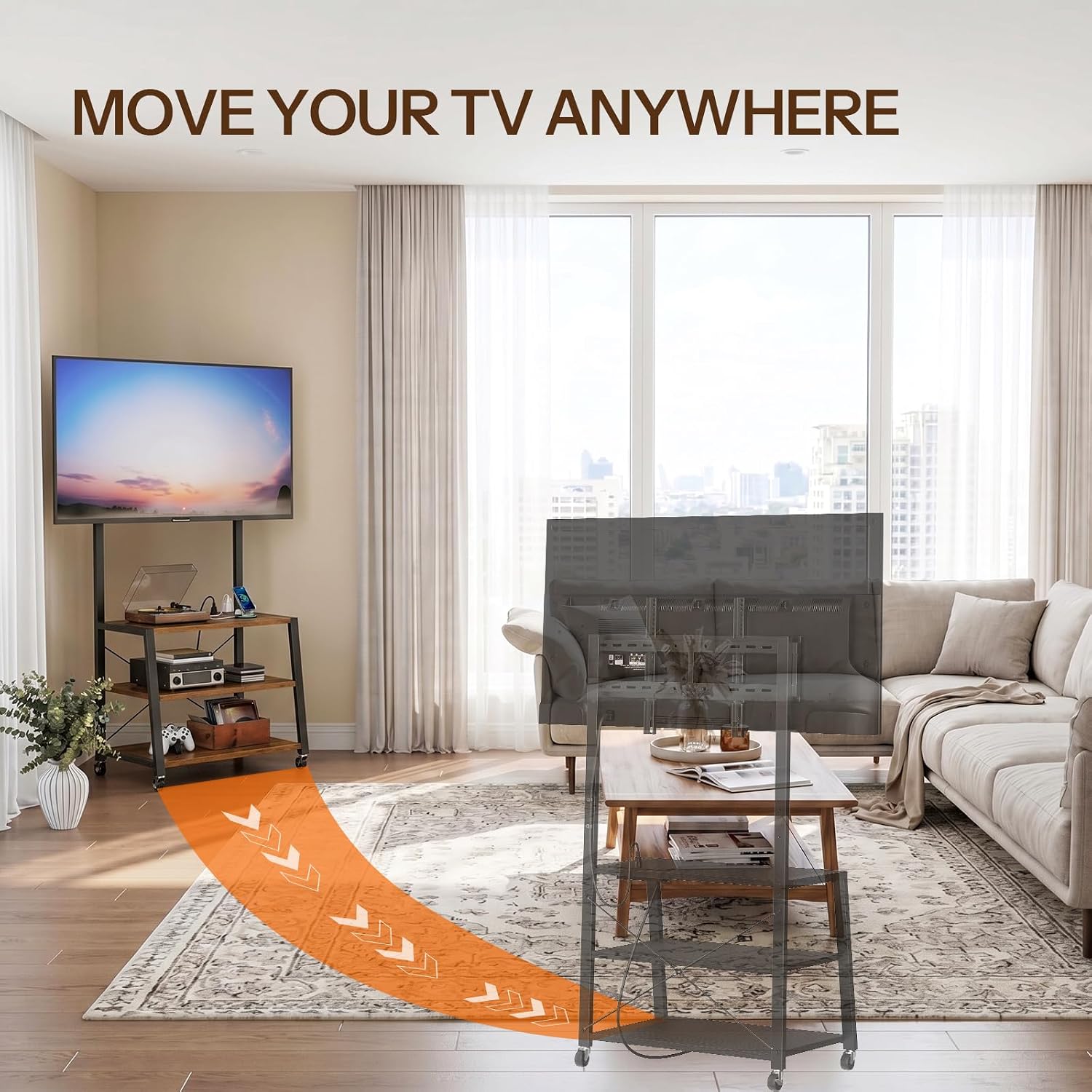 HOOBRO Rolling TV Stand with Mount and Power Outlet Up to 55 inch TV, Corner Entertainment Center, Small TV Stand with 3-Tier Storage Shelves for Living Room, Bedroom, Rustic Brown and Black BF66UDS01