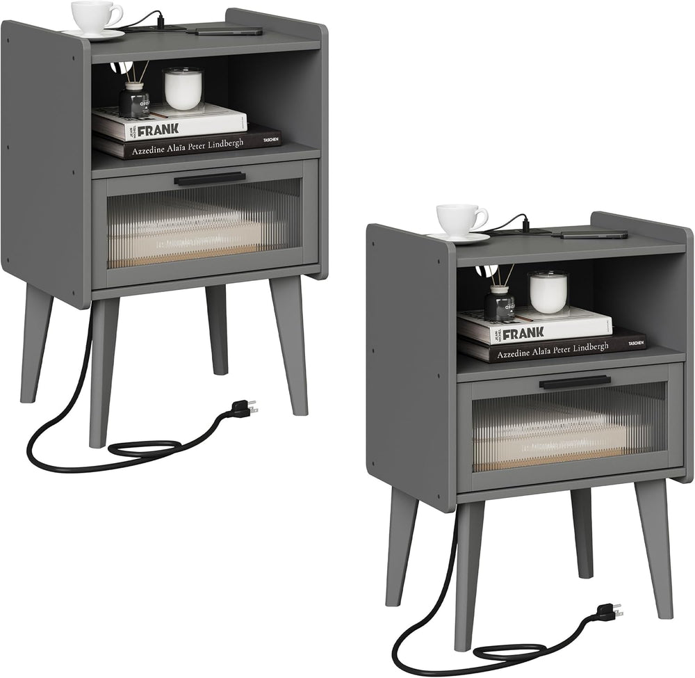 MMEOLUOOK Nightstand with Charging Station, Bedside Tables Set of 2, End Tabl...