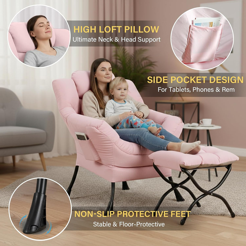 Lazy Chair with Ottoman,Comfy Accent Living Room Chair with Footrest Set | Removable & Machine-washable Cover,Reading Chair with Armrests,Upholstered Lounge Chair for Bedroom,Dorm,Office,Small Space