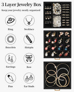 TORIBIO Jewelry Box for Women, Leather Jewelry Organizer with Mirror & Lock, 3-Tier Jewelry Storage Organizer with 2 Drawers for Girls/Women/Mothers, Necklace Earring Bracelets Holder Organizer