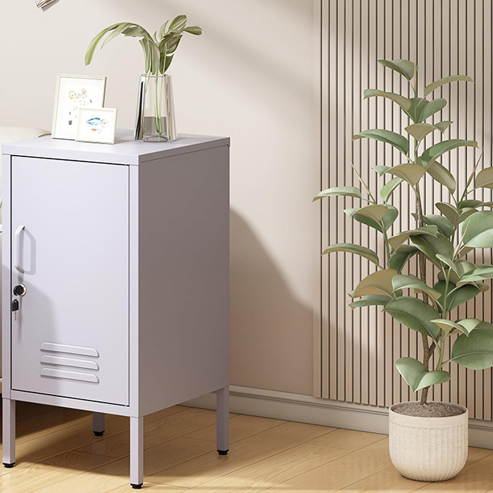 Lockable Metal End Table with 2 Adjustable Shelves, Modern Single Door Side T...