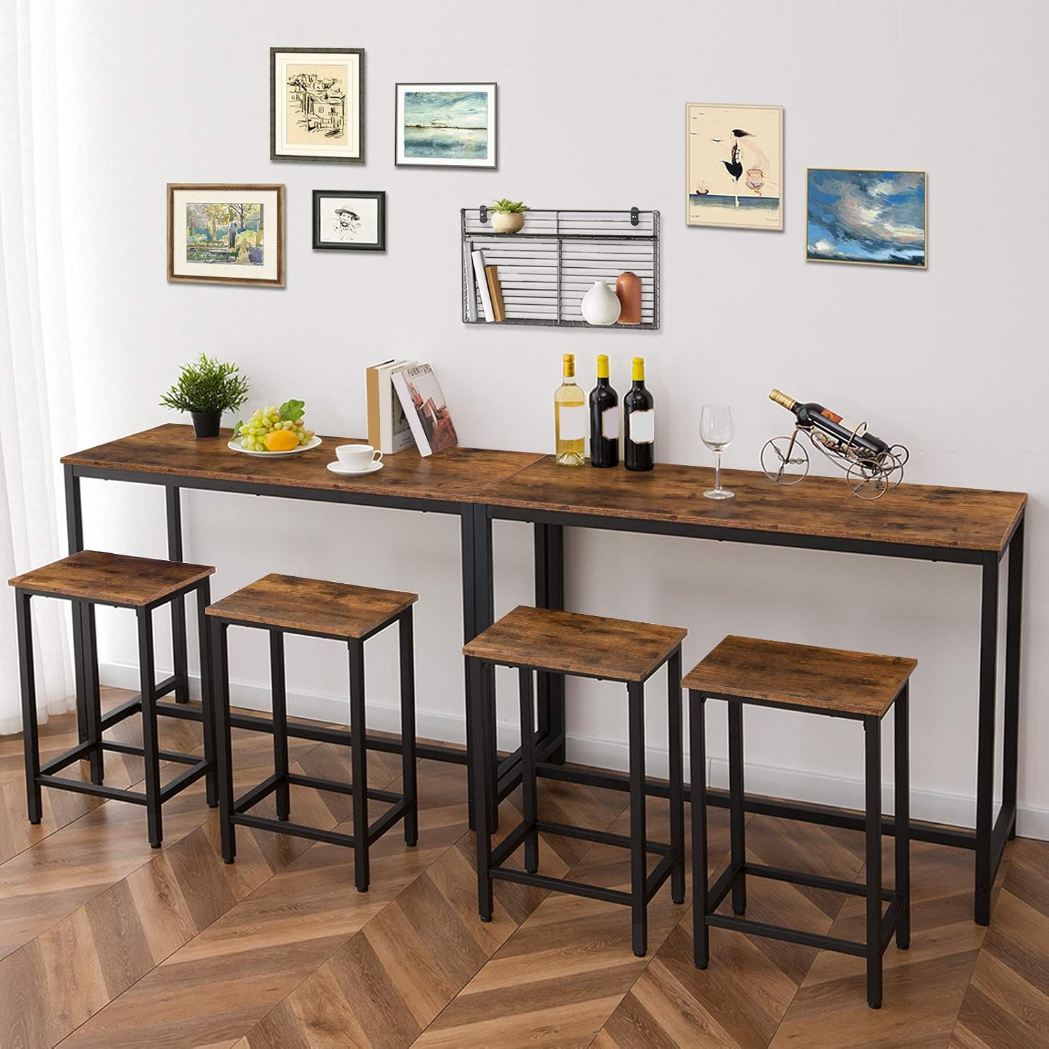 HOOBRO Bar Table and Chairs Set, 47.2” Rectangular Pub Table with 2 Stools for Small Space, 3-Piece Breakfast stools Set, Sturdy Metal Frame, Easy to Assemble, Rustic Brown BF52BT01