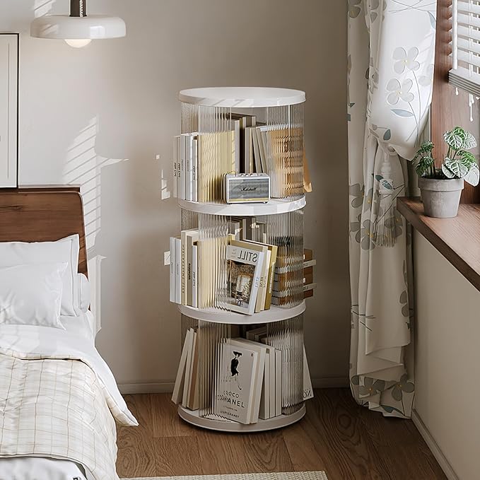 3 Tier Rotating Bookshelf Spinning Bookshelf Tower Swivel Bookcase Round Book Shelf for Small Space Revolving Bookcase for Playroom Bedroom Living Room