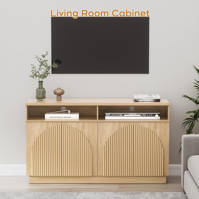 Yechen Fluted TV Stand with 4 Arched Reeded Design Doors, Modern Entertainment Center with Storage for Up to 55 Inch, Media Console, Multi-Functional TV Cabinet for Living Room, Natural Oak