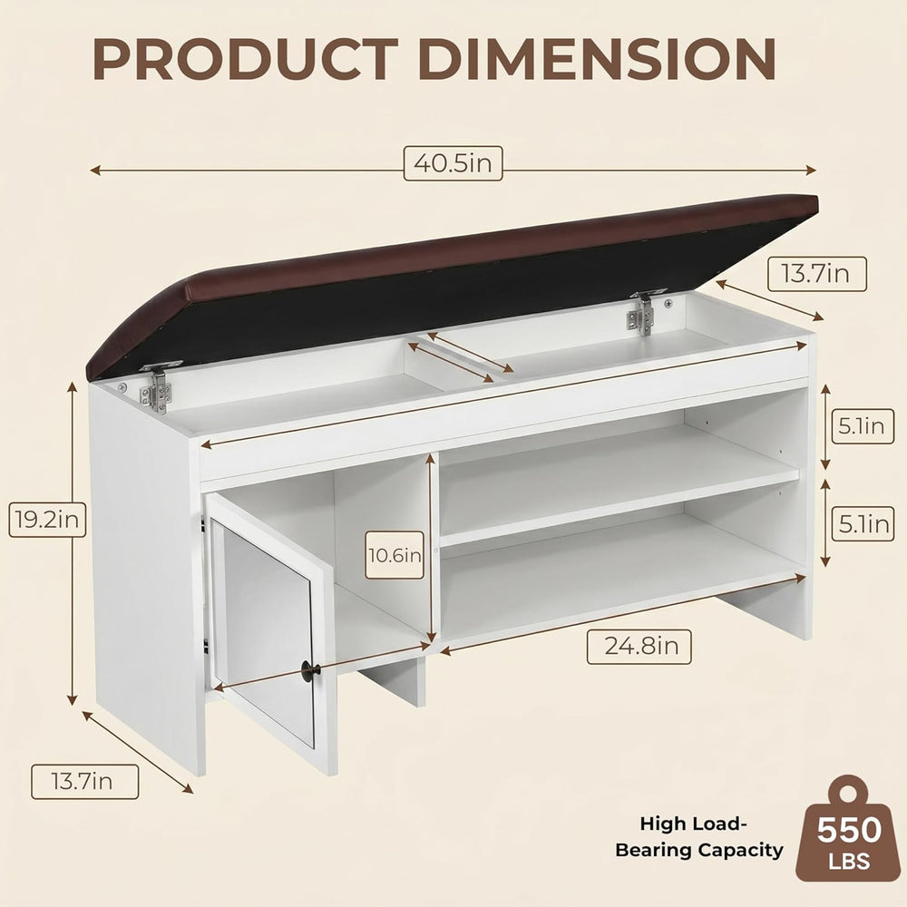 40.5 in Shoe Bench with Storage, Storage Bench, Padded Seat, White | Lift-top...