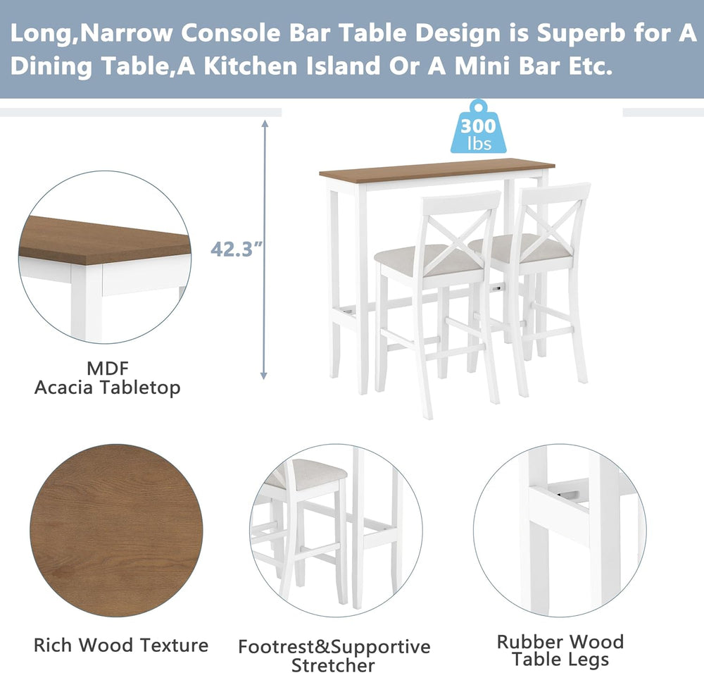LUMISOL 3 Piece Pub Table and Chair Set, Small Wood Counter Height Bar Table ...