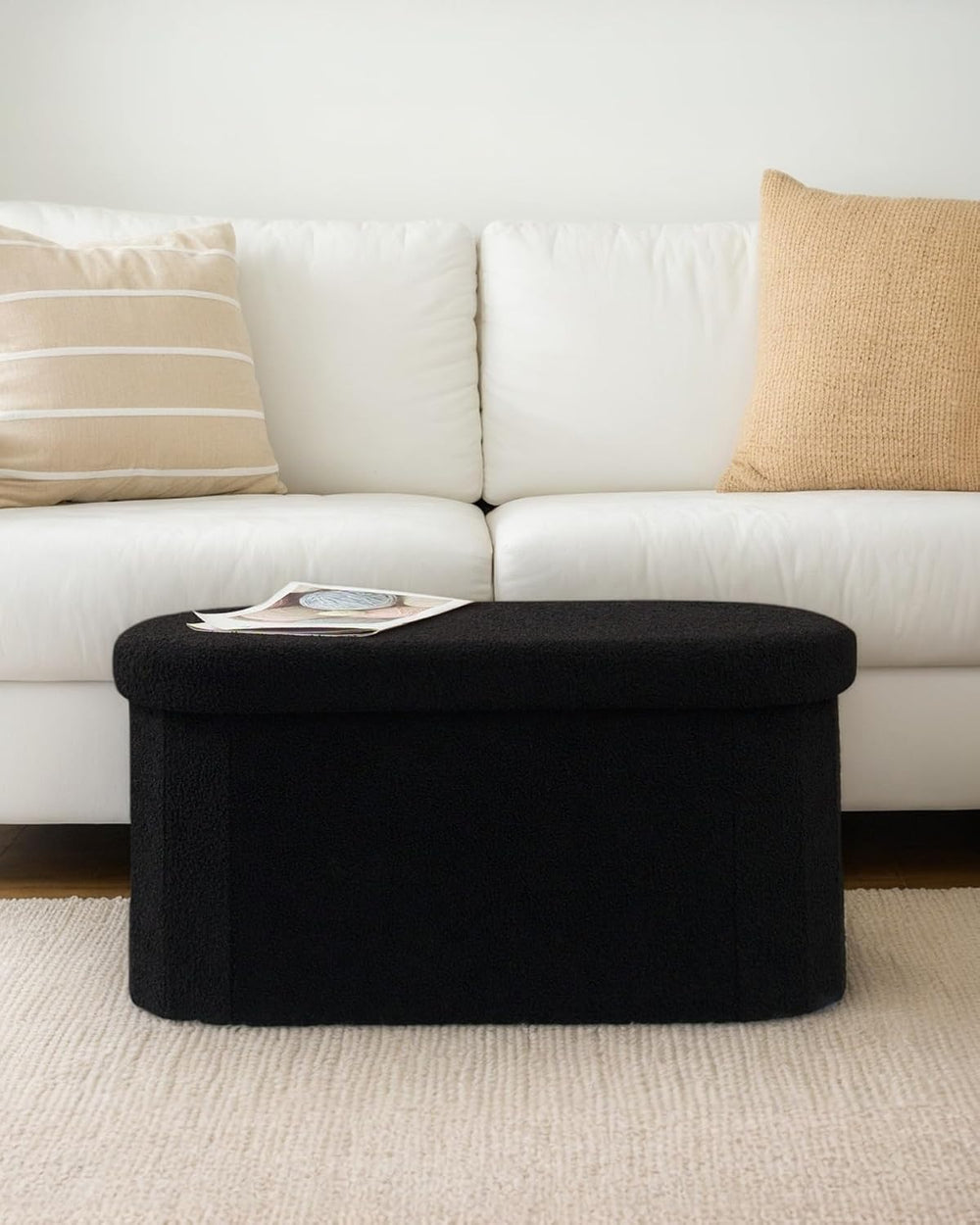30" Oval Foldable Ottoman with Storage, Teddy Boucle Fabric Footrest, St...