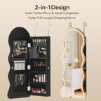 HOOBRO LED Mirror Jewelry Cabinet, Wall/Door Mounted Jewelry Organizer, Jewelry Aromire with Wavy Mirror Full Length, Lockable Cosmetics Storage Cabinet, Interior Mirror, 16.5" x 4.1" x 43.3", Black