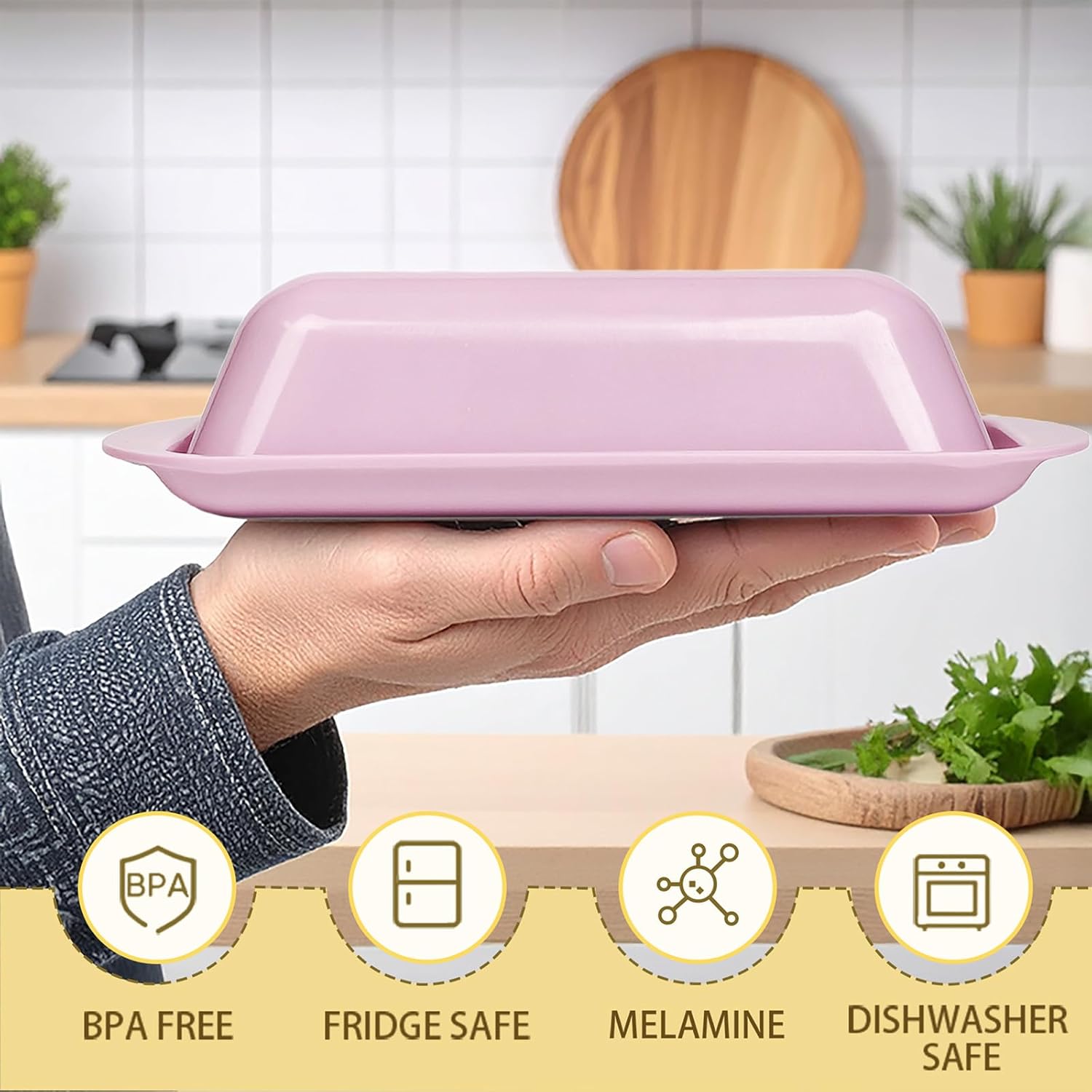 Butter Dish with Lid and Knife, Durable Countertop & Fridge Butter Keeper, Melamine Butter Container Valentine’s Kitchen Gift, Heart Design - Pink