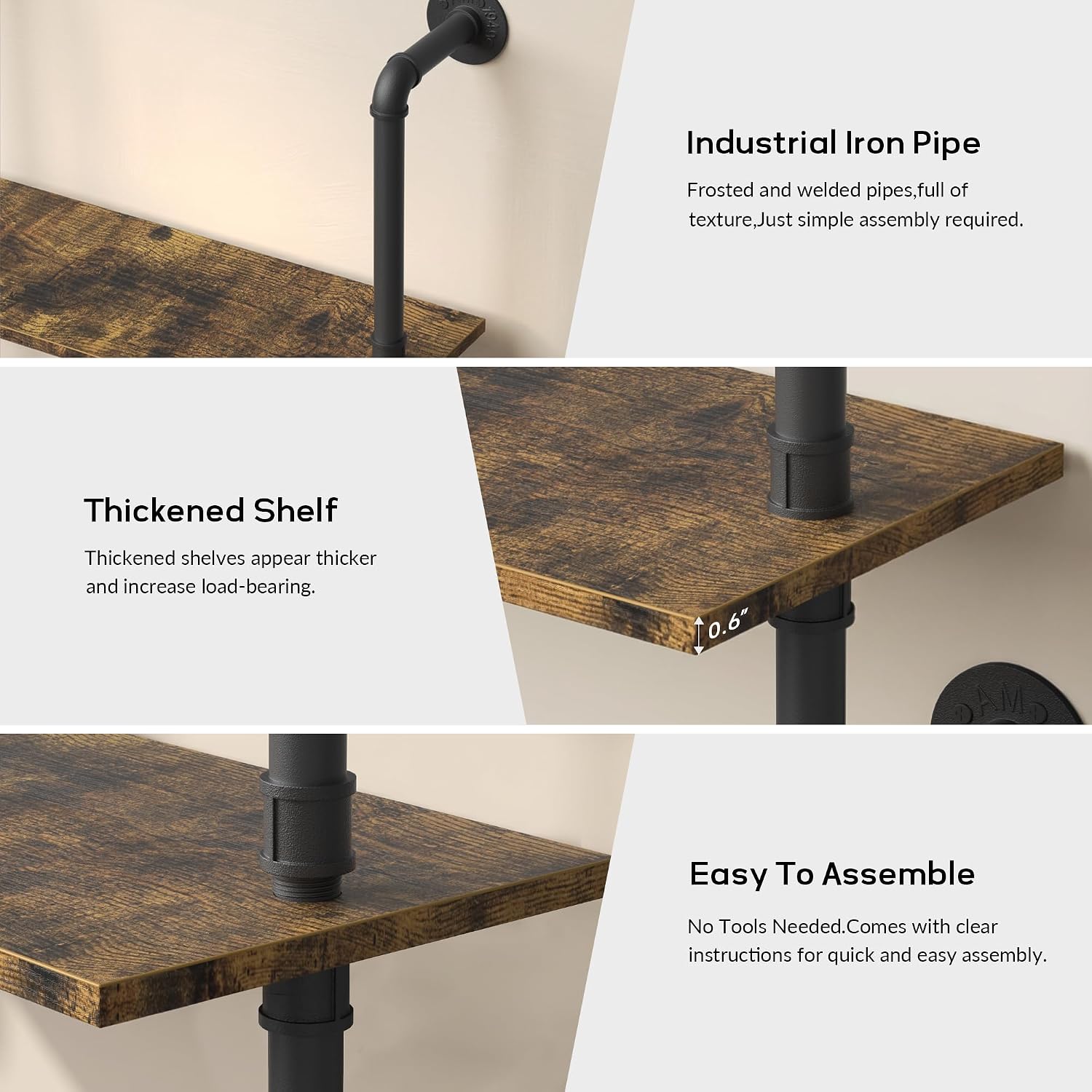 Merapi 5 Tier Rustic Industrial Pipe Floating Wall Shelves | Wall Mounted Shelves for Coffee Bar & Bookshelf Farmhouse Wall Shelf for Kitchen, Living Room, Bathroom & Pantry Organizer